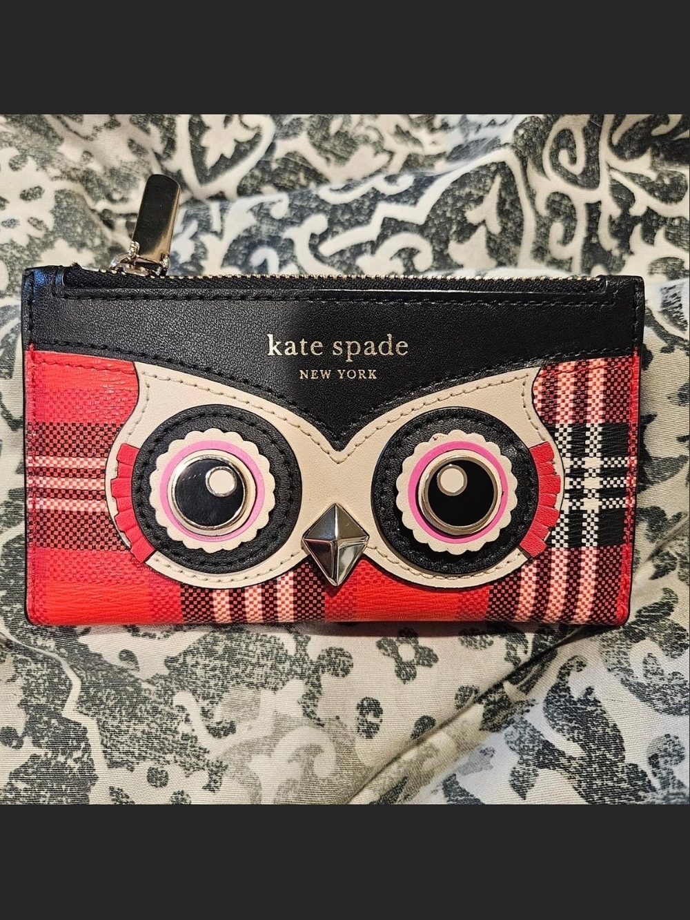 kate spade Red Plaid Owl Zip Card Case with Pink & Cream Accents